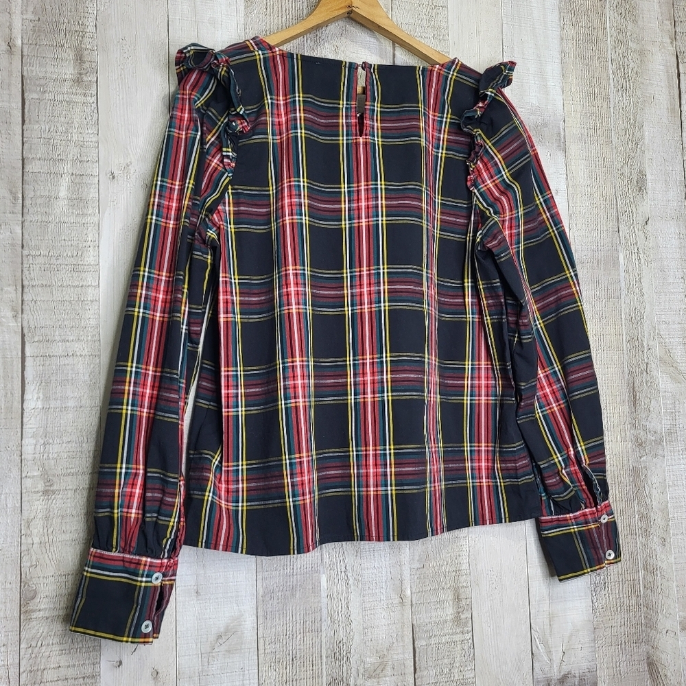 J.CREW Plaid Ruffle Shoulder Women's Top. Black & Red. Size Small - Picture 4 of 10